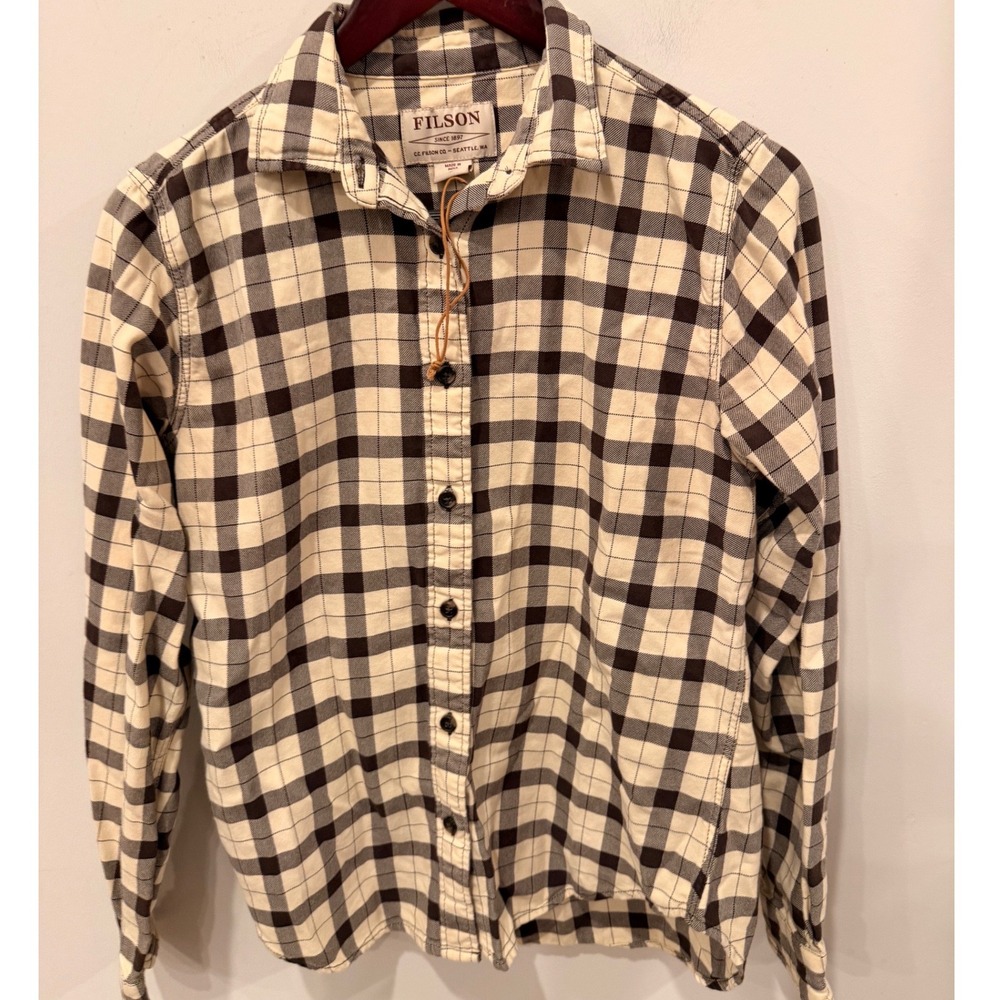 Filson Womens Small Cotton Buffalo Check Button Down Shirt Cream Brown 11020269